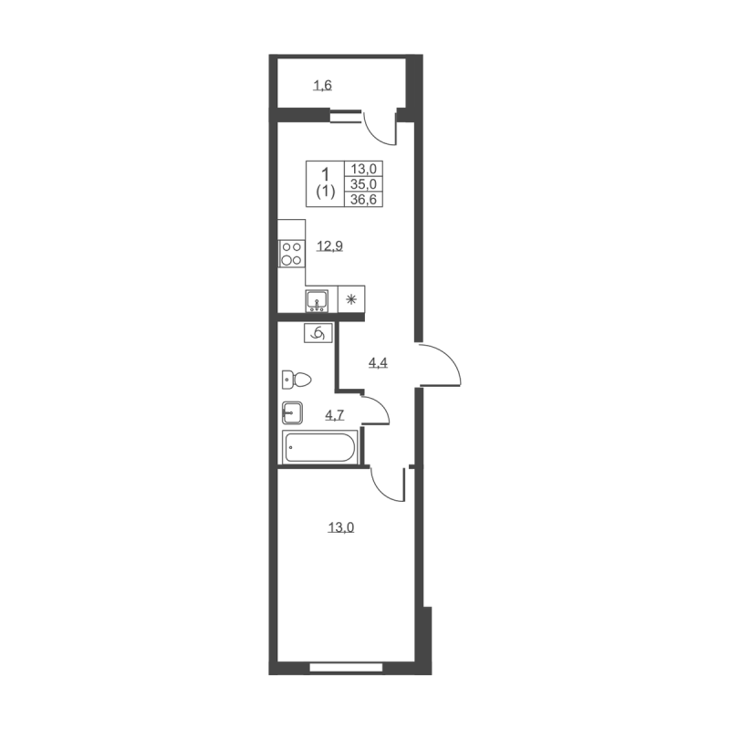 1 ккв 36,6 м²