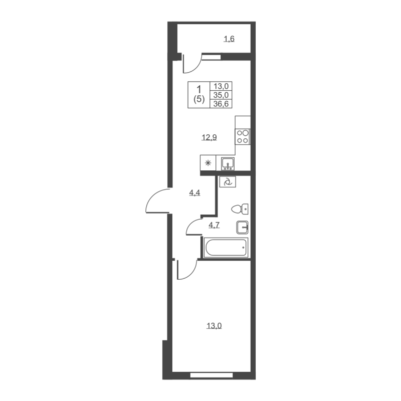 1 ккв 36,6 м²