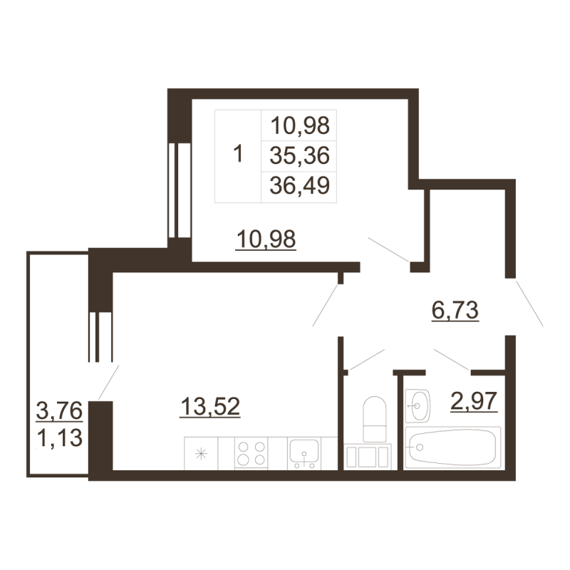 1 ккв 36,5 м²