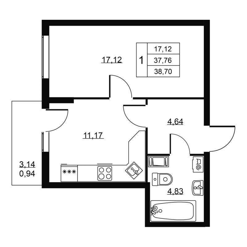 1 ккв 38,7 м²
