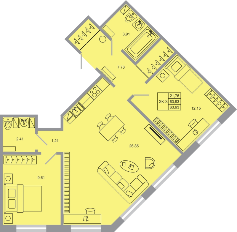 3 ккв (Евро) 63,9 м²