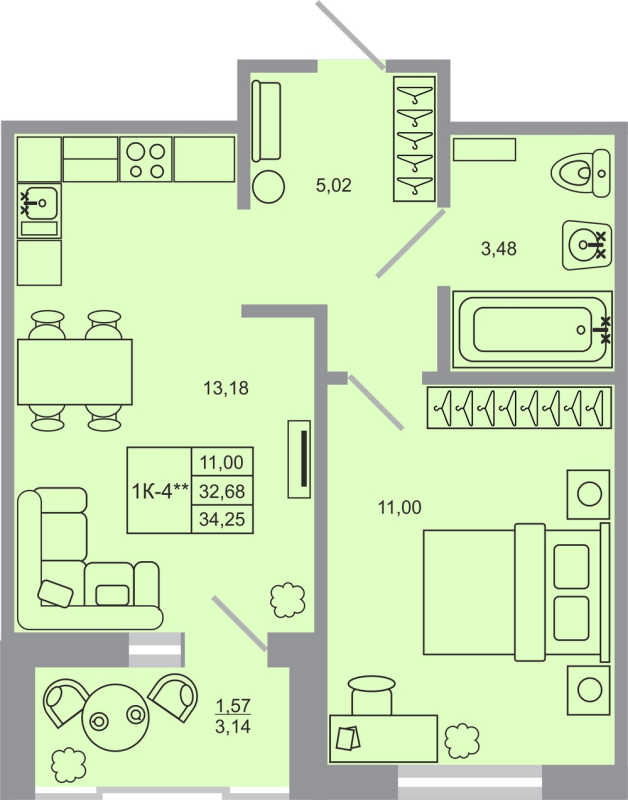 1 ккв 34,3 м²