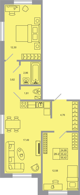 3 ккв (Евро) 55,4 м²