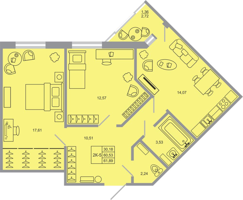 2 ккв 60,9 м²