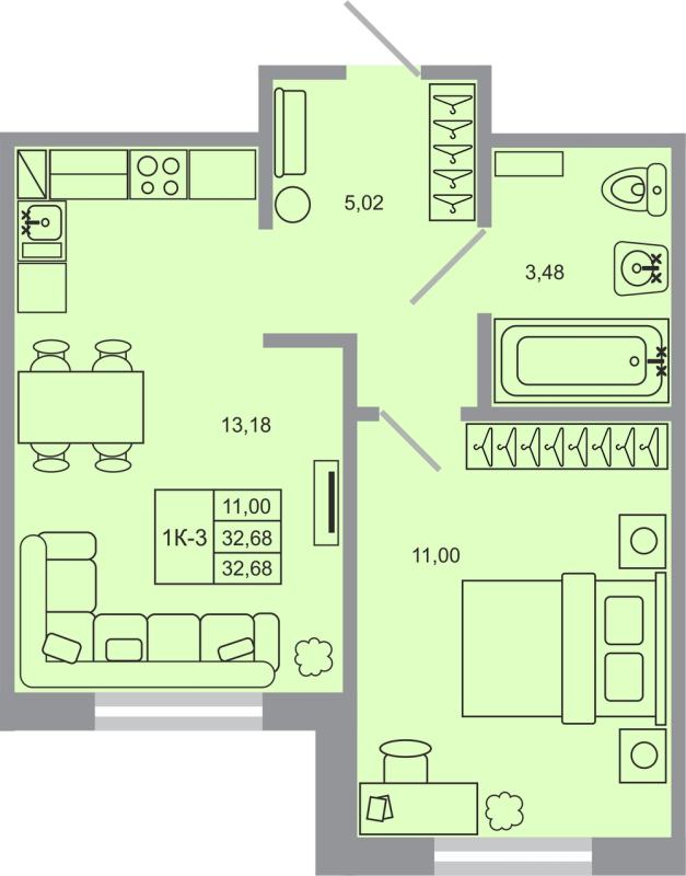 1 ккв 32,7 м²