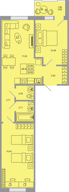 3 ккв (Евро) 56,9 м²