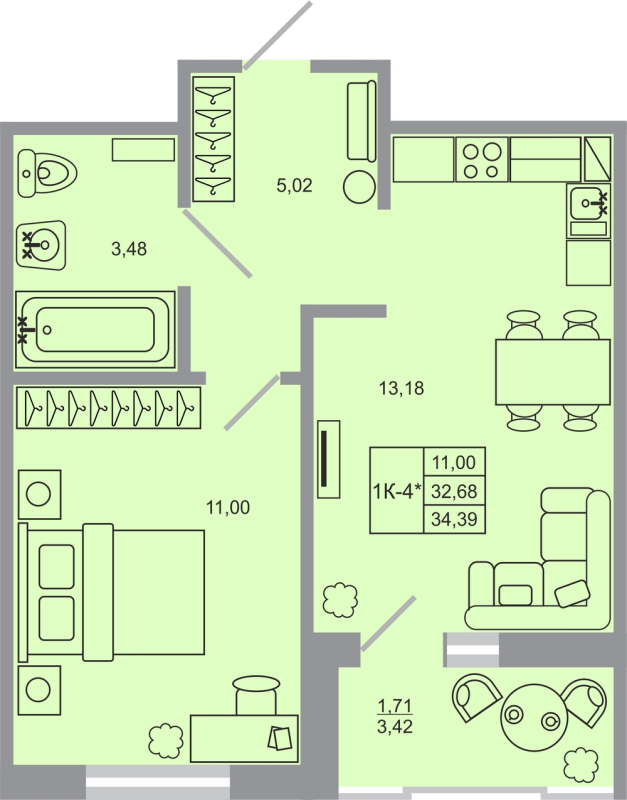 1 ккв 34,4 м²
