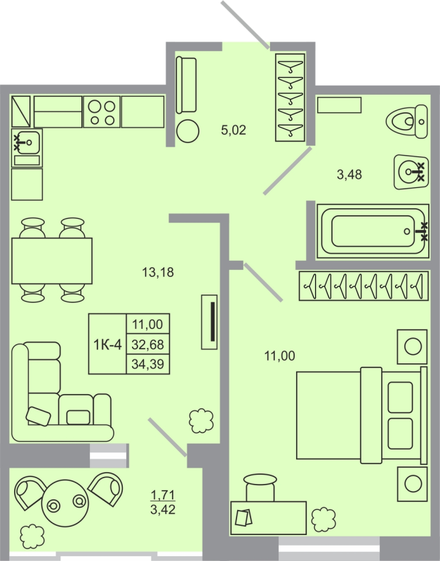 1 ккв 34,4 м²