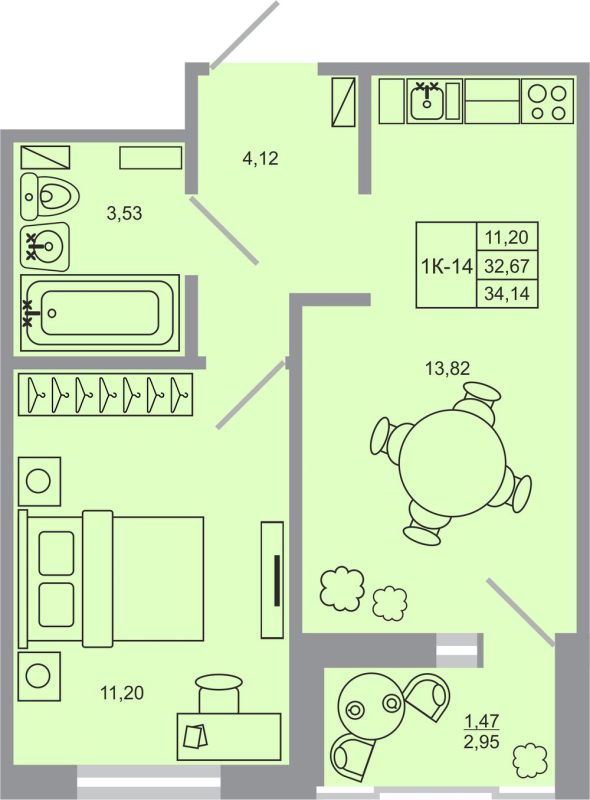 1 ккв 33,5 м²