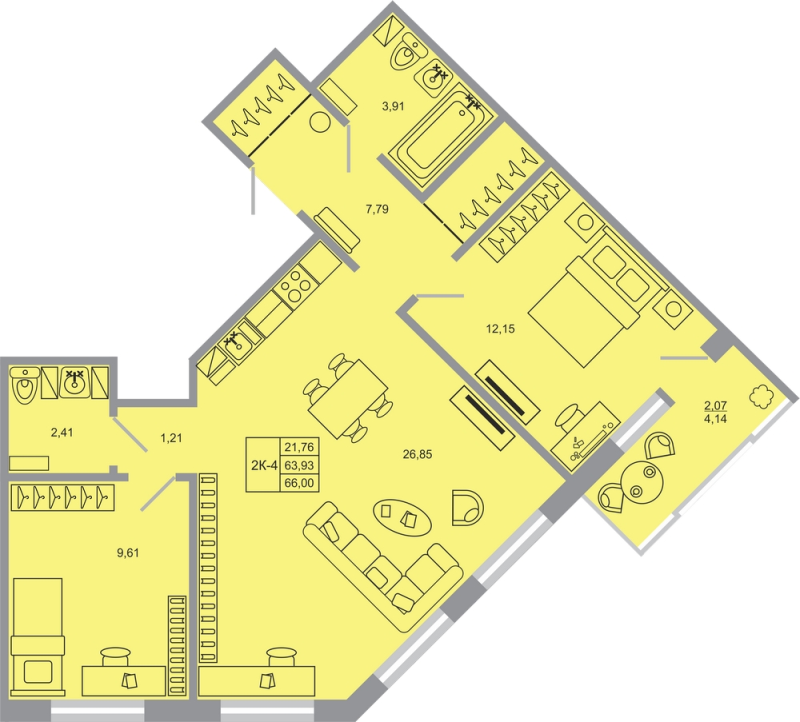 3 ккв (Евро) 66 м²