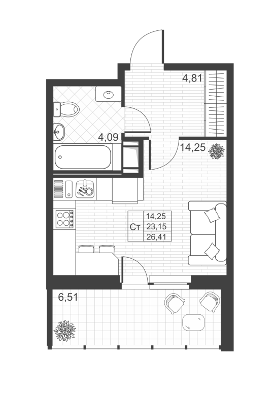 Студия 22,9 м²
