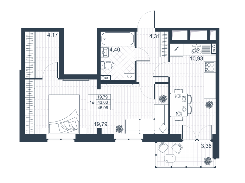 1 ккв 43,4 м²