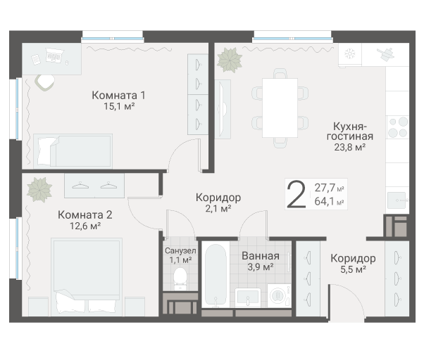 3 ккв (Евро) 64,1 м²