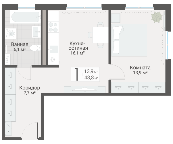 2 ккв (Евро) 43,8 м²