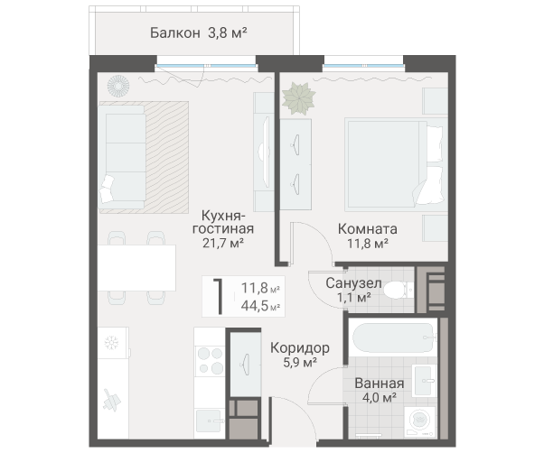 2 ккв (Евро) 44,5 м²
