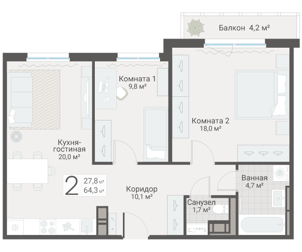 3 ккв (Евро) 64,3 м²