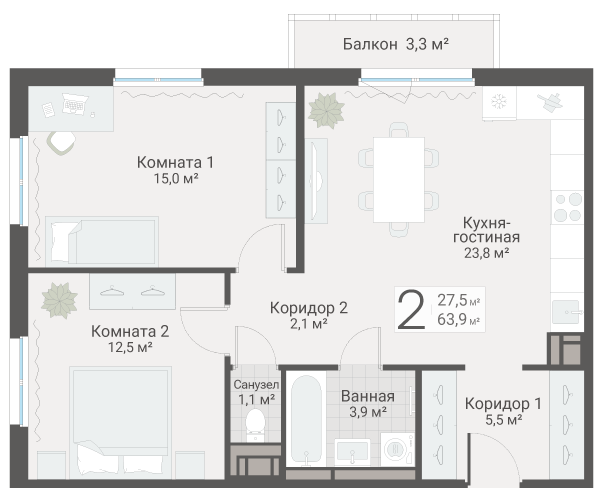 3 ккв (Евро) 63,9 м²