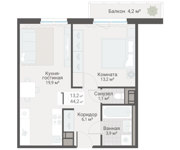 2 ккв (Евро) 44,2 м²