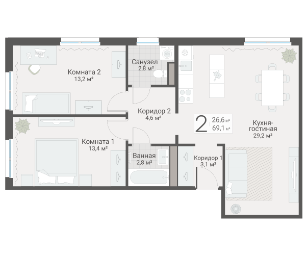 3 ккв (Евро) 69,1 м²