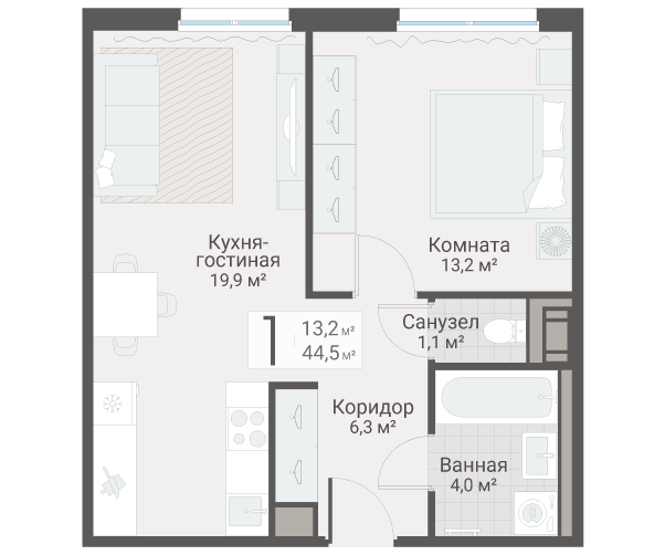 2 ккв (Евро) 44,5 м²