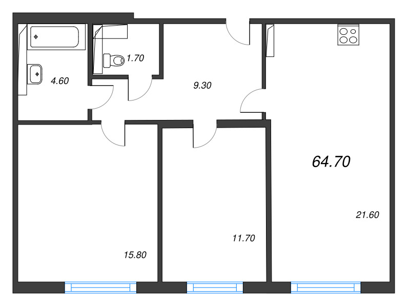 3 ккв (Евро) 64,7 м²