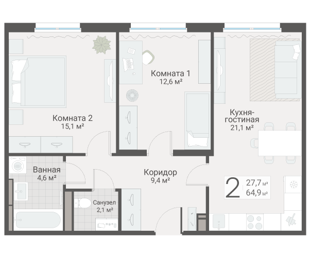 3 ккв (Евро) 64,9 м²
