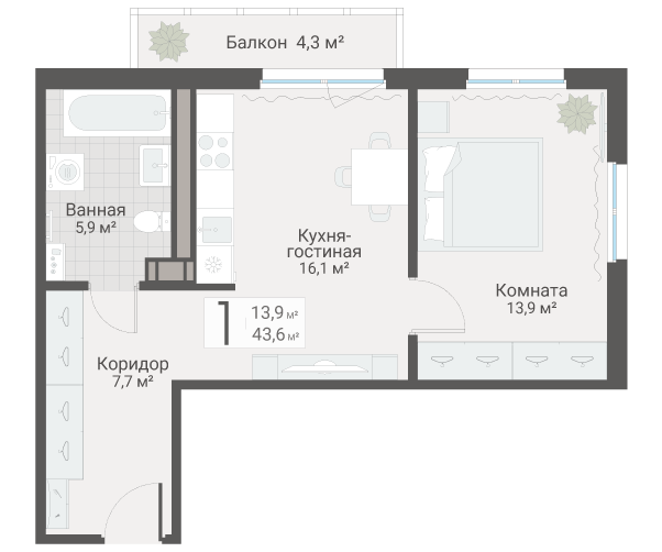 2 ккв (Евро) 43,6 м²