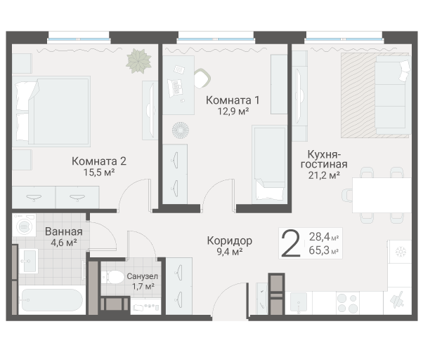 3 ккв (Евро) 65,3 м²