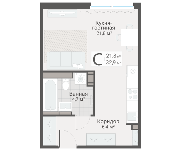 Студия 32,9 м²