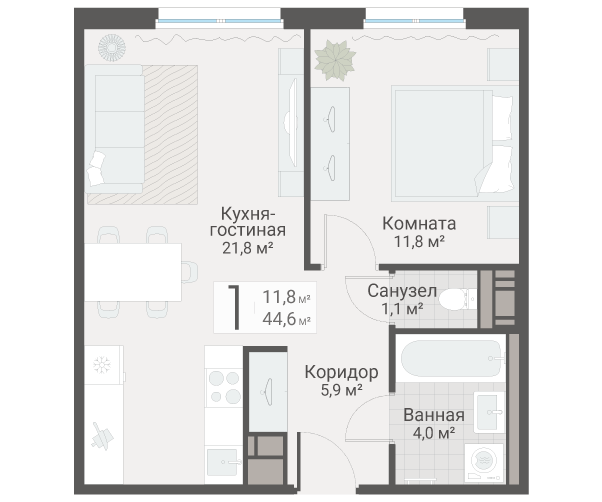 2 ккв (Евро) 44,6 м²