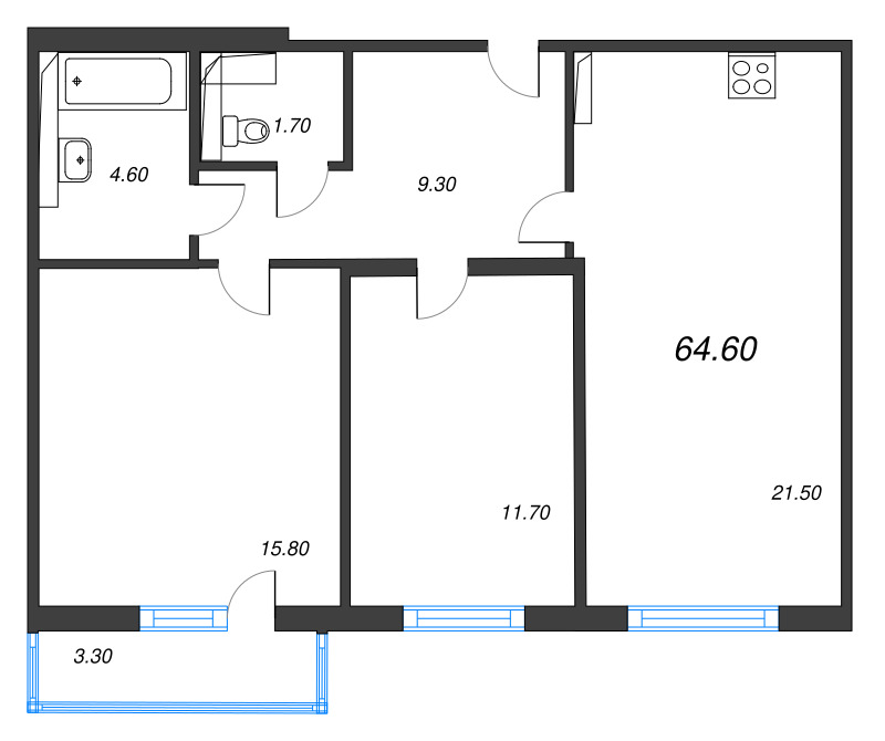 3 ккв (Евро) 64,6 м²