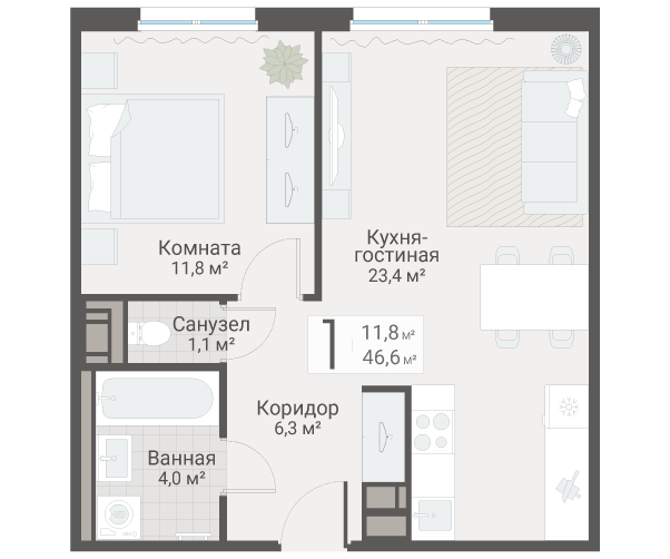 2 ккв (Евро) 46,6 м²