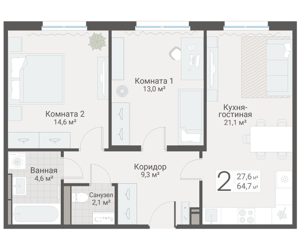 3 ккв (Евро) 64,7 м²