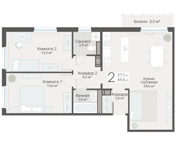 3 ккв (Евро) 69,5 м²