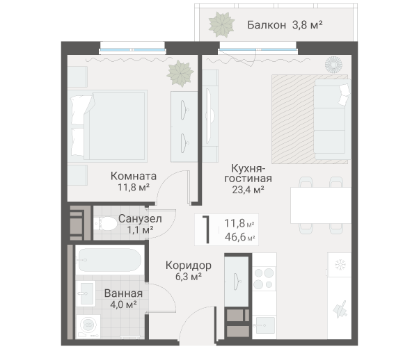 2 ккв (Евро) 46,6 м²