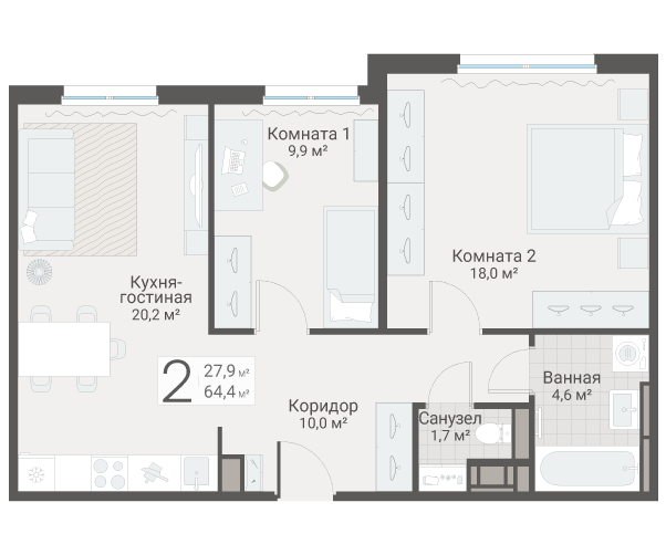 3 ккв (Евро) 64,4 м²