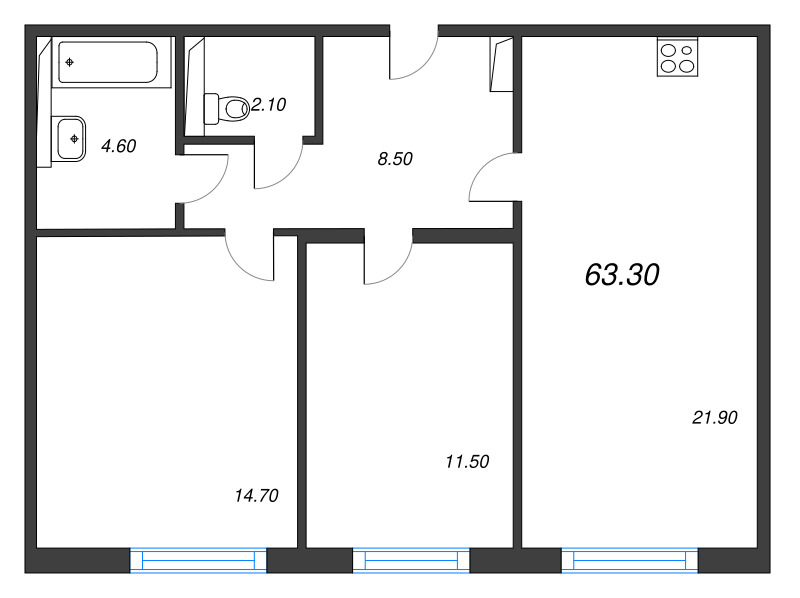 3 ккв (Евро) 63,3 м²