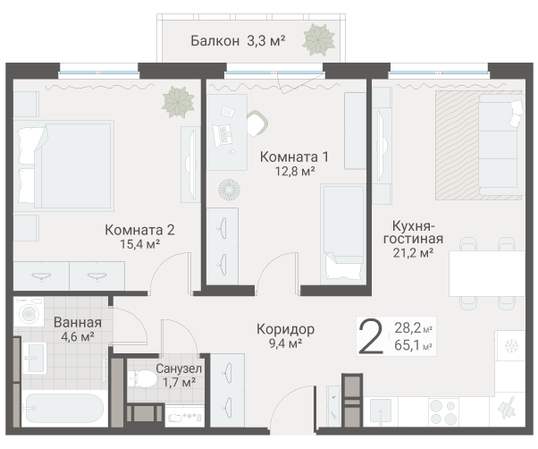 3 ккв (Евро) 65,1 м²