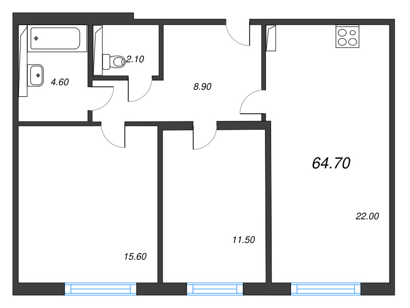 3 ккв (Евро) 64,7 м²