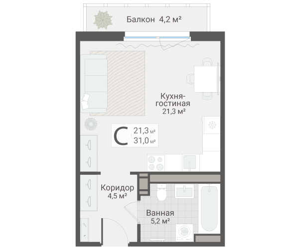 Студия 31 м²