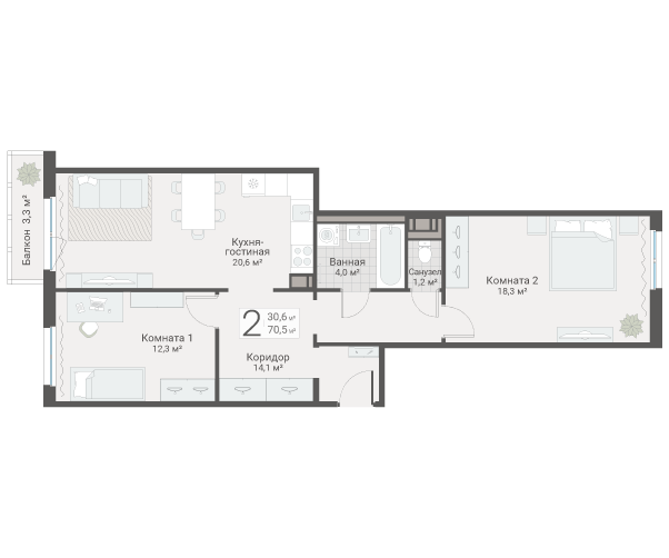 3 ккв (Евро) 70,5 м²