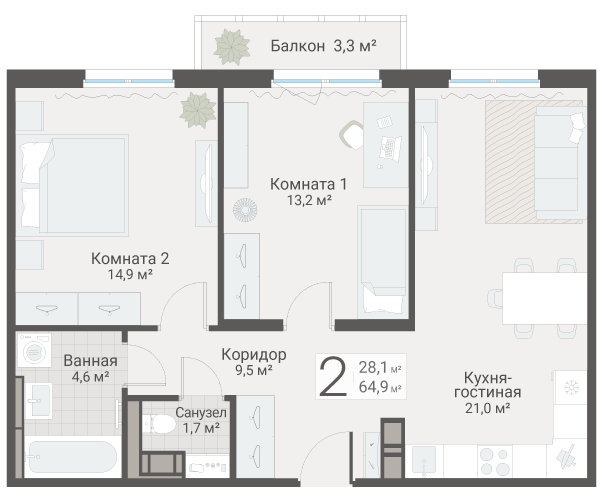 3 ккв (Евро) 64,9 м²