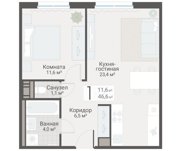 2 ккв (Евро) 46,6 м²