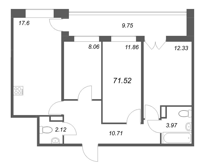 3 ккв 71,5 м²