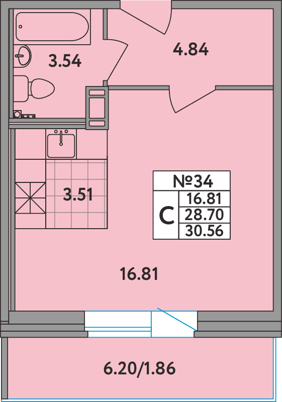 Студия 30,5 м²