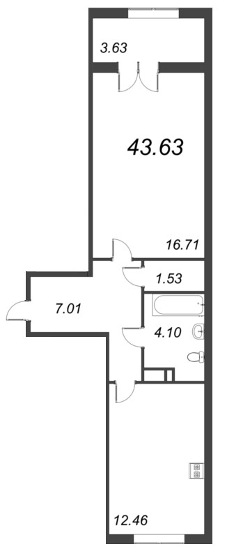 1 ккв 43,6 м²