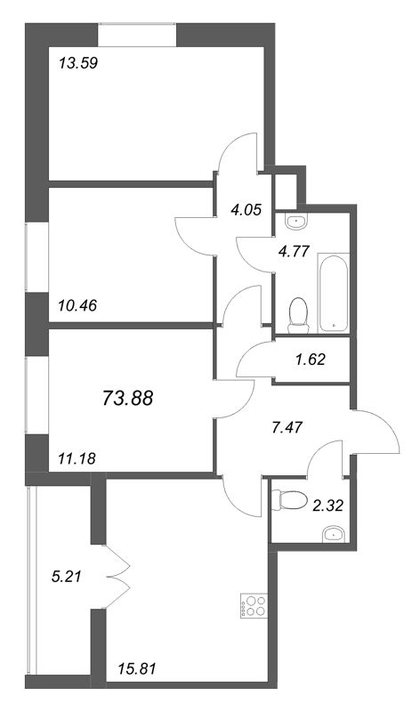 3 ккв 73,9 м²