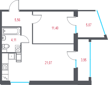 2 ккв (Евро) 44,9 м²