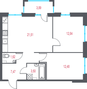 3 ккв (Евро) 60,6 м²