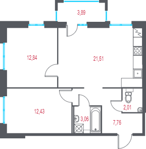 3 ккв (Евро) 60,8 м²